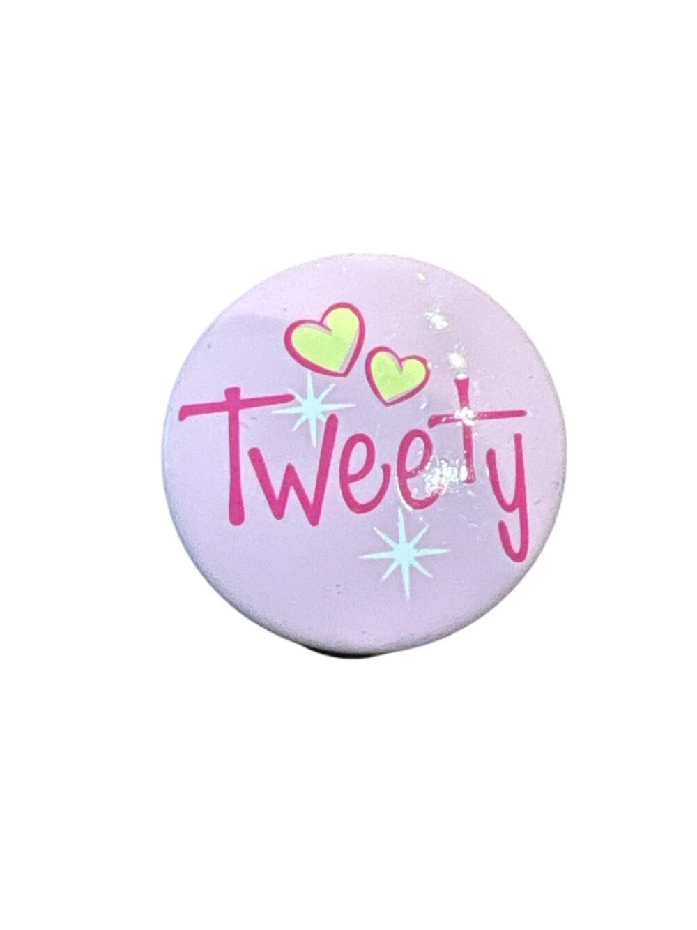 Tweety Pink Pin Back Button, With Hearts & Sparkles
